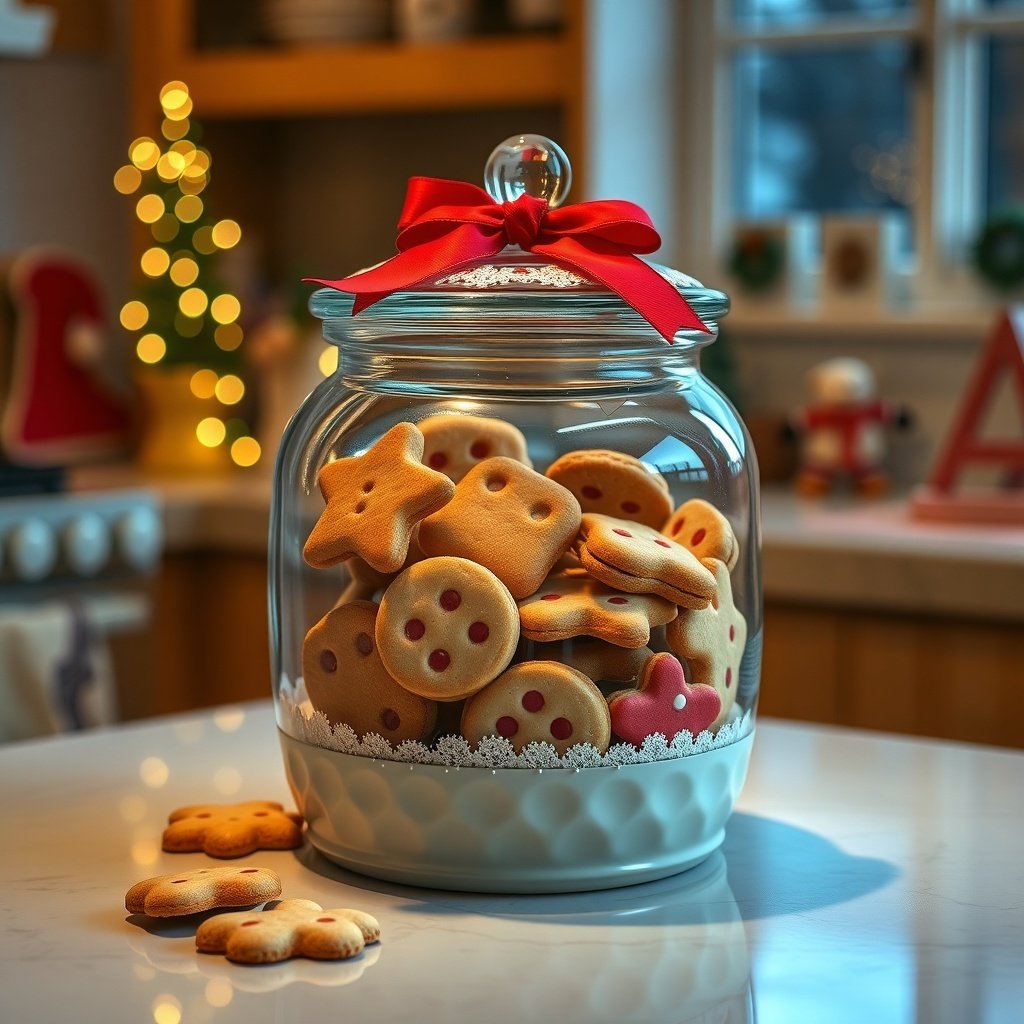A decorative cookie jar filled with various cookies, adorned with a red ribbon, set in a cozy Christmas kitchen.