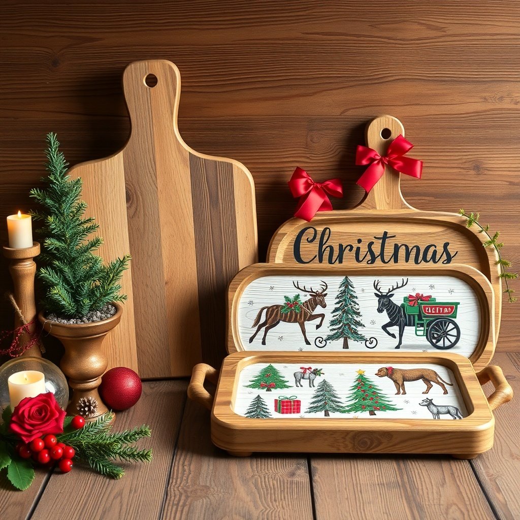 A cozy Christmas kitchen decor featuring rustic wooden trays and cutting boards with festive designs.