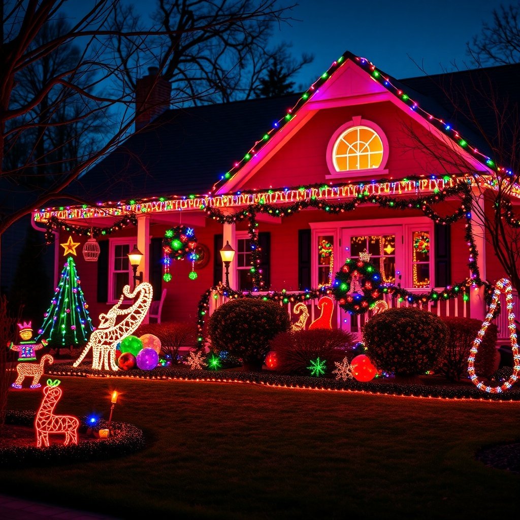 A beautifully decorated house with colorful Christmas lights and festive decorations in the yard.