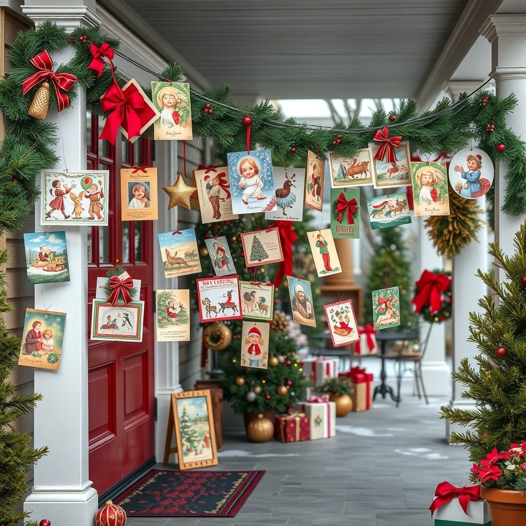 A festive porch decorated with vintage Christmas cards hanging from a garland, red bows, and a welcoming atmosphere.