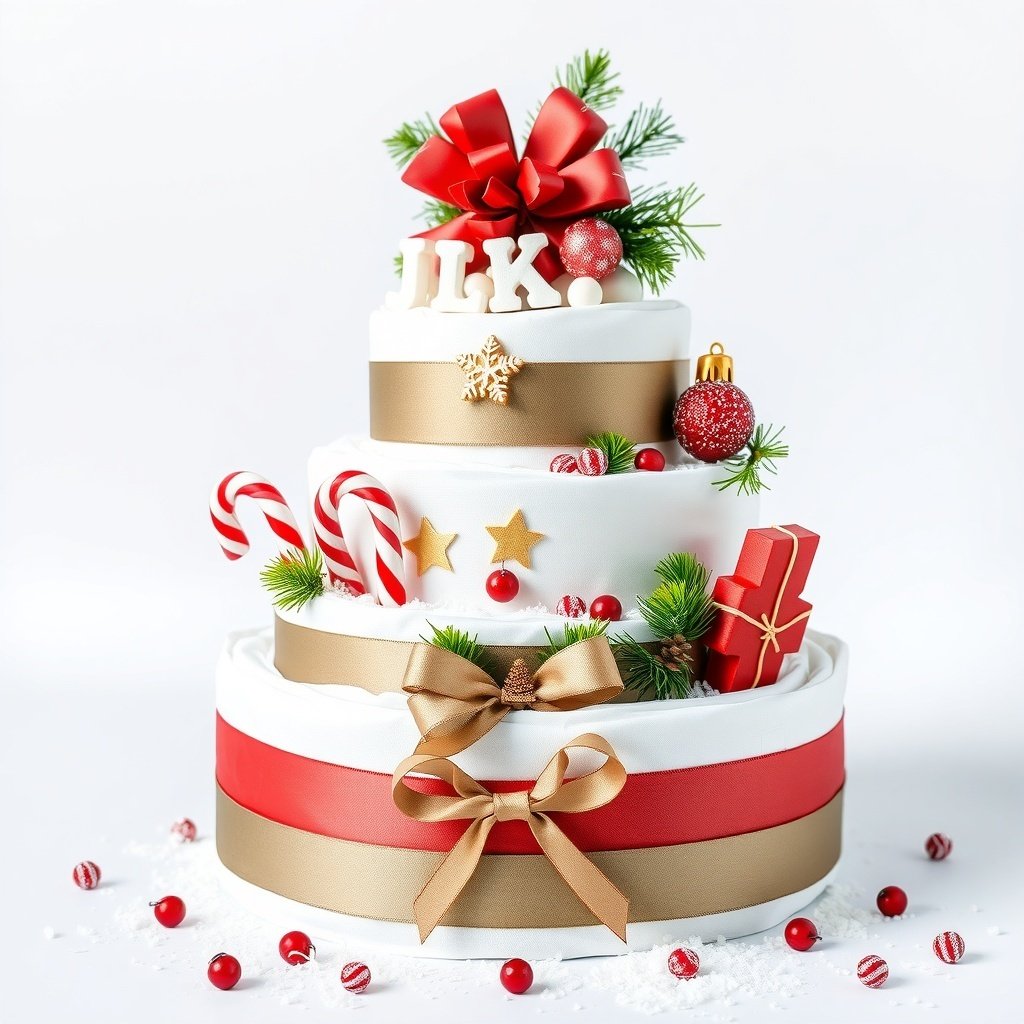 A beautifully decorated Christmas diaper cake with candy canes, ornaments, and festive bows.