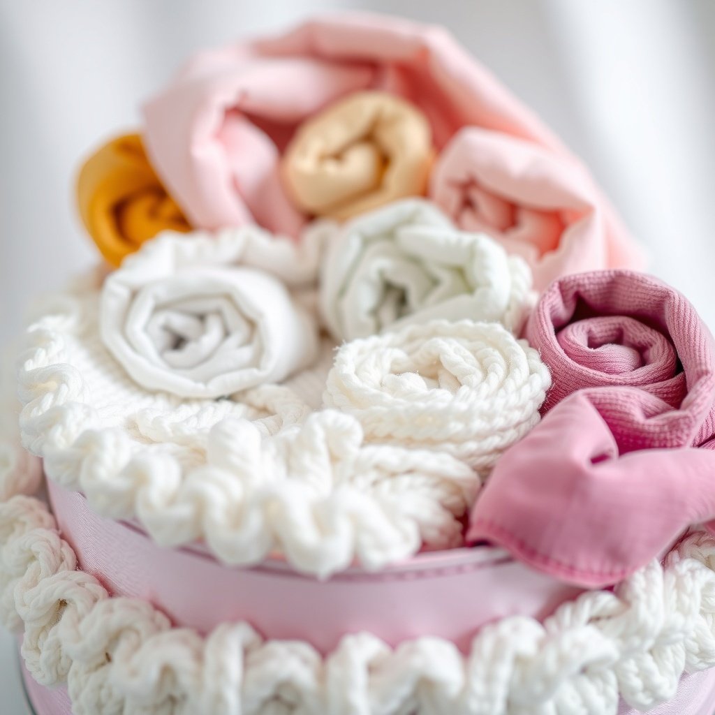 A beautifully arranged Christmas diaper cake featuring rolled diapers that look like flowers, with a mix of soft and textured materials.