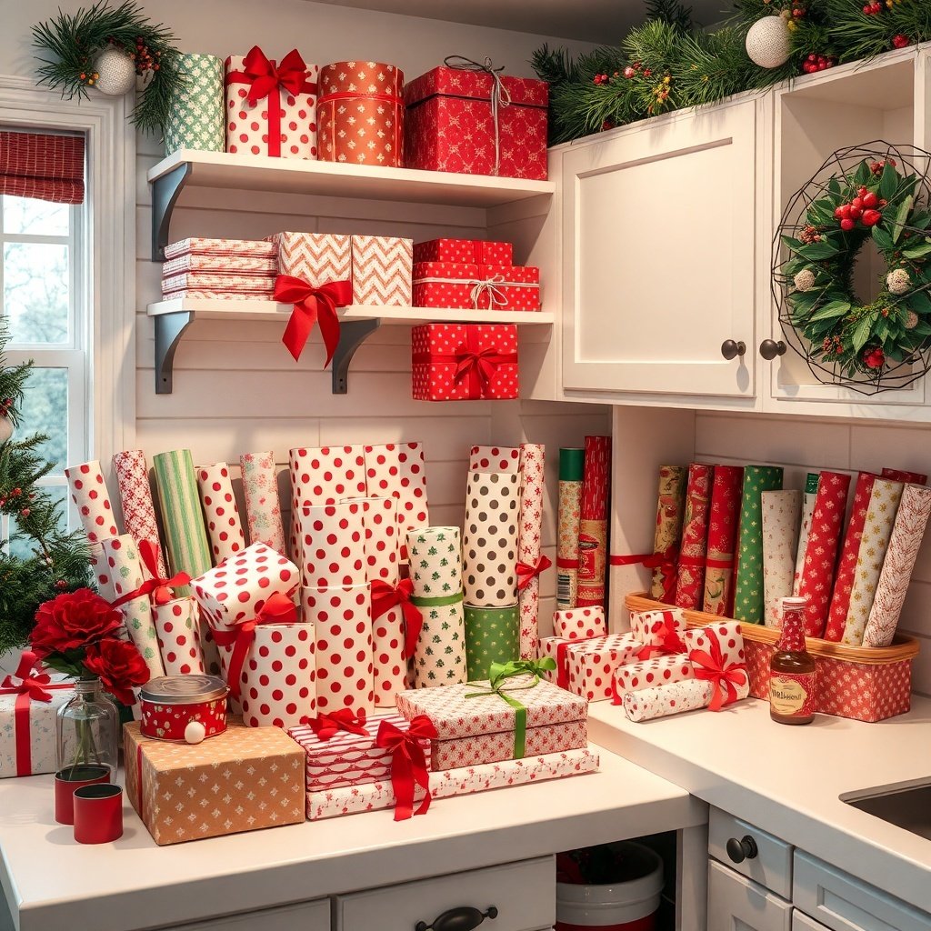 A cozy kitchen corner filled with colorful wrapped gifts and festive decorations.