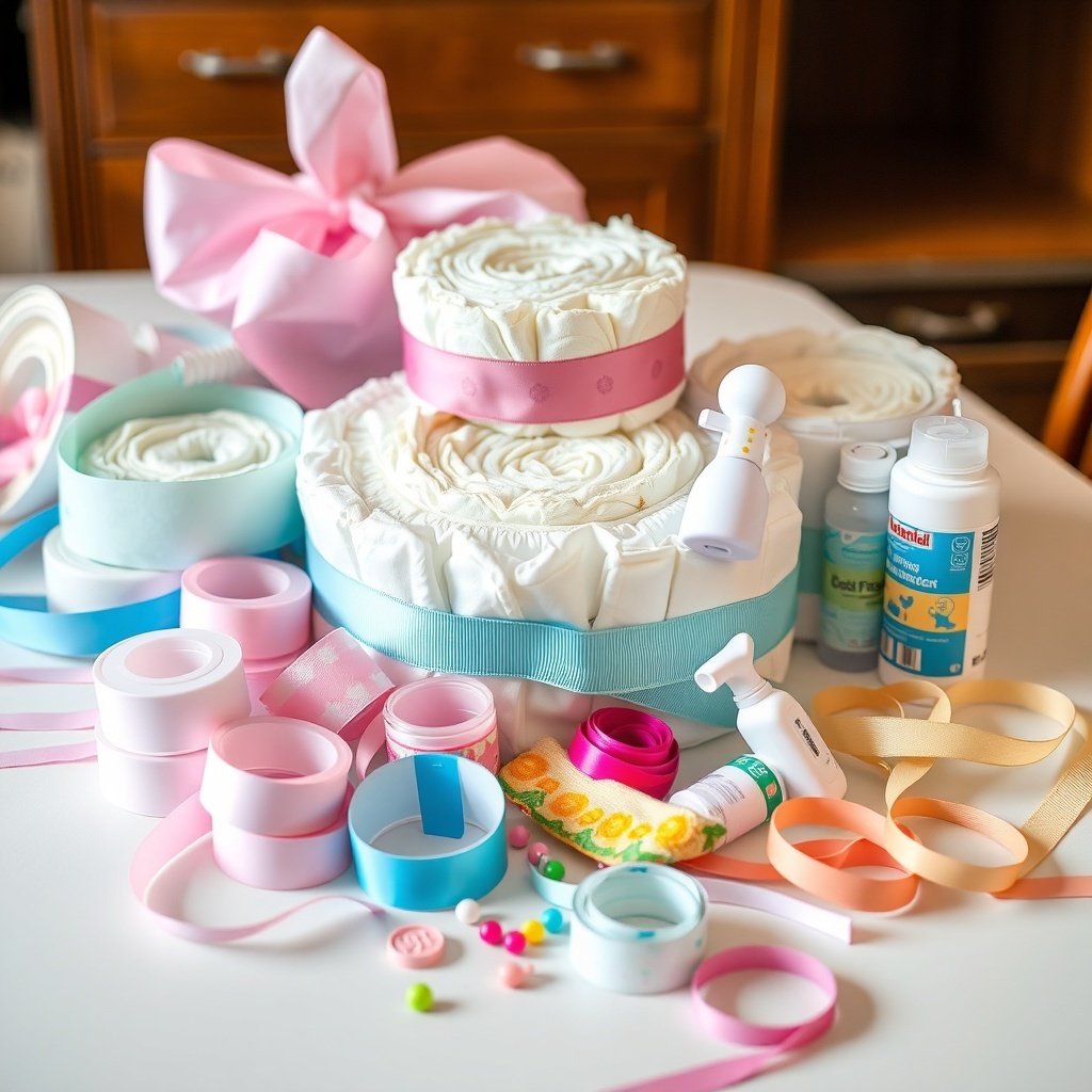 Supplies for building a Christmas diaper cake, including rolled diapers, ribbons, and baby items.