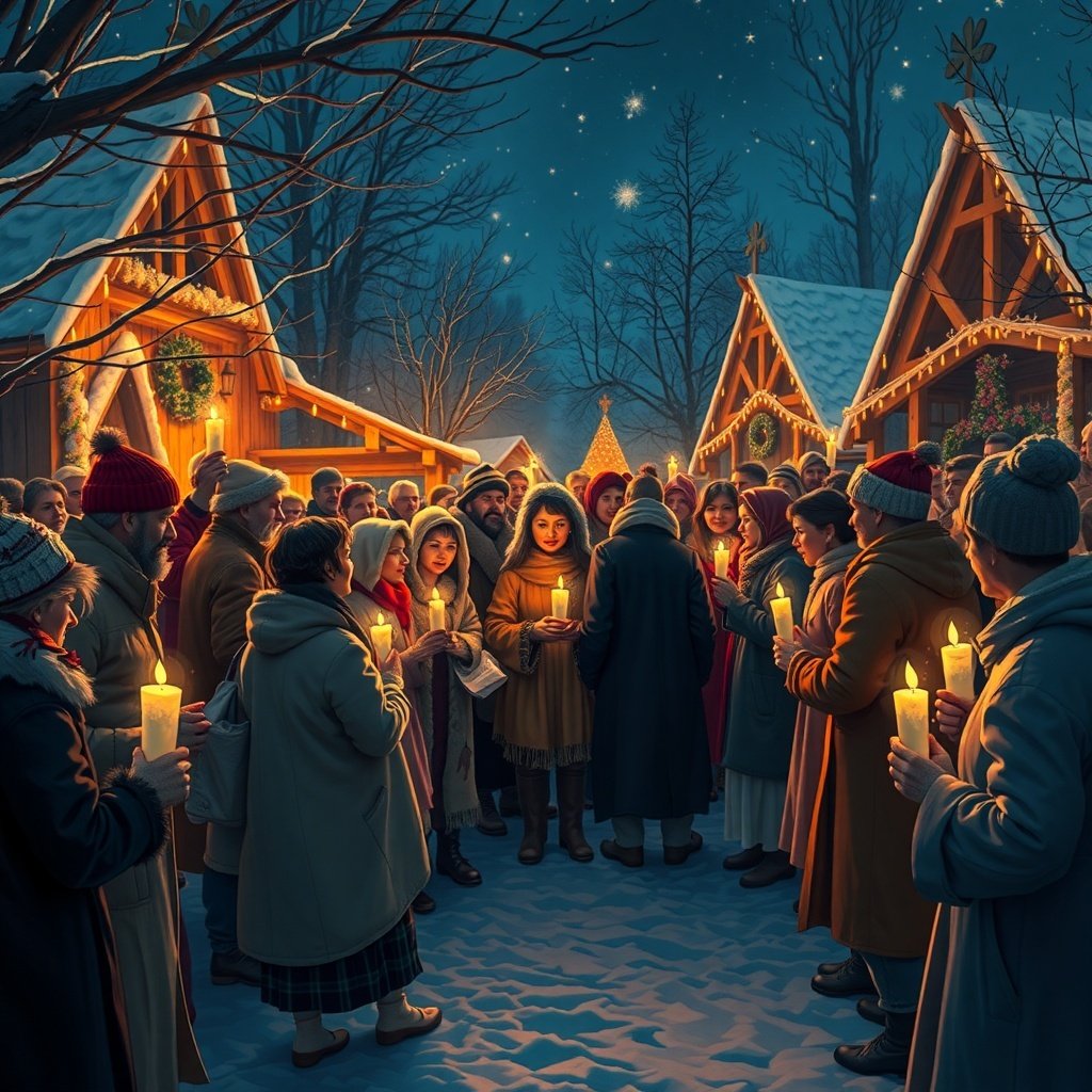 A winter solstice celebration with people holding candles in a snowy landscape, surrounded by cozy cottages decorated with lights.