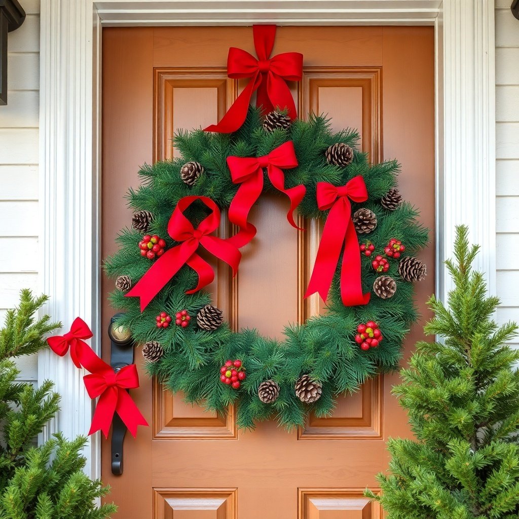 A festive green wreath with red bows and pinecones on a brown door