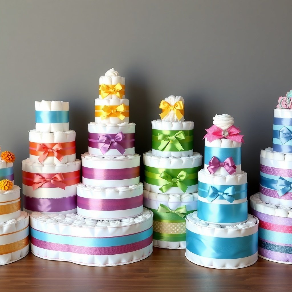 A variety of colorful Christmas diaper cakes in different sizes and designs.