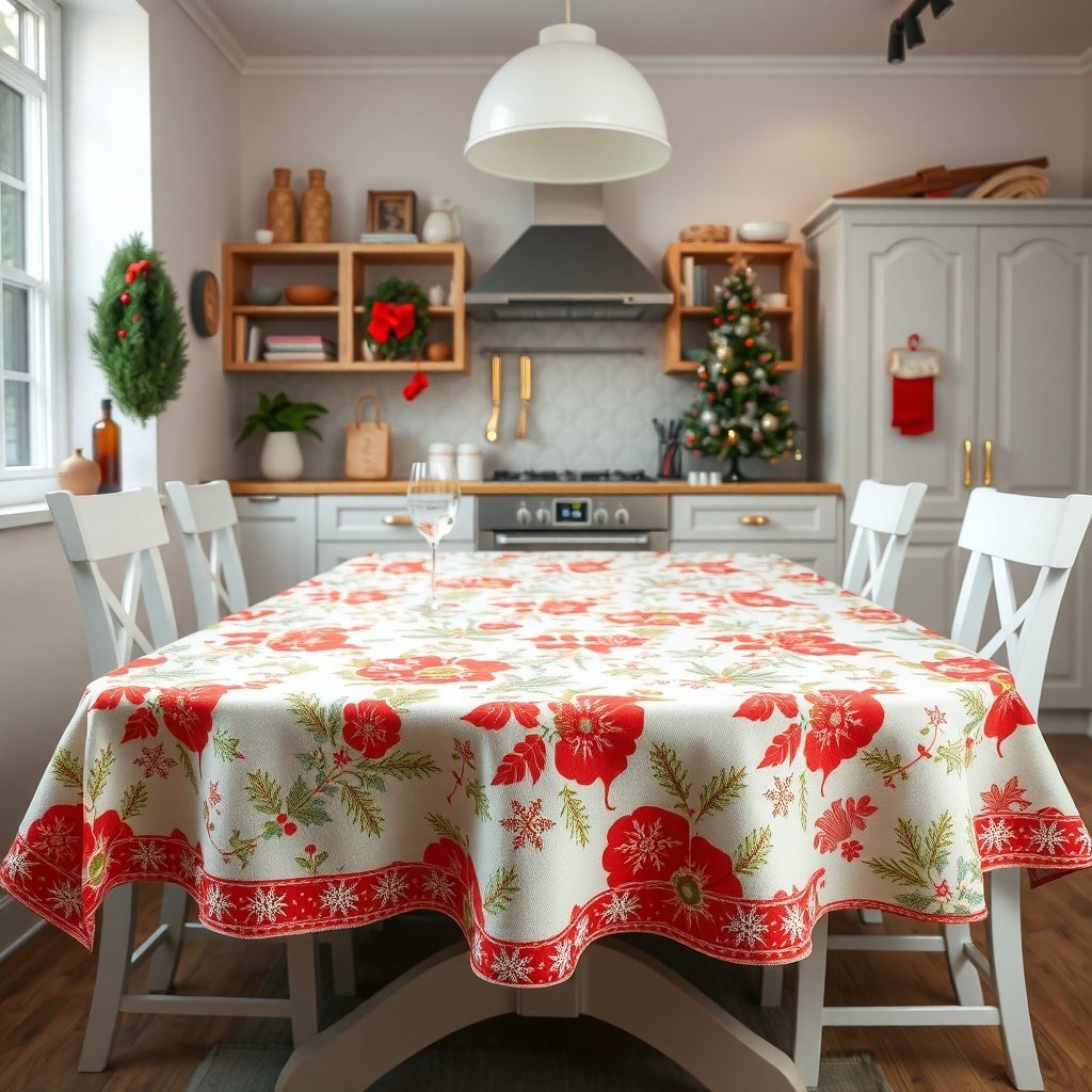 A beautifully decorated kitchen with a Christmas-themed tablecloth featuring red flowers and snowflakes.