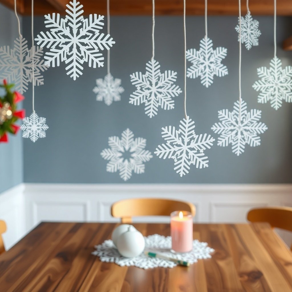 A cozy Christmas table with hanging paper snowflakes and a candle