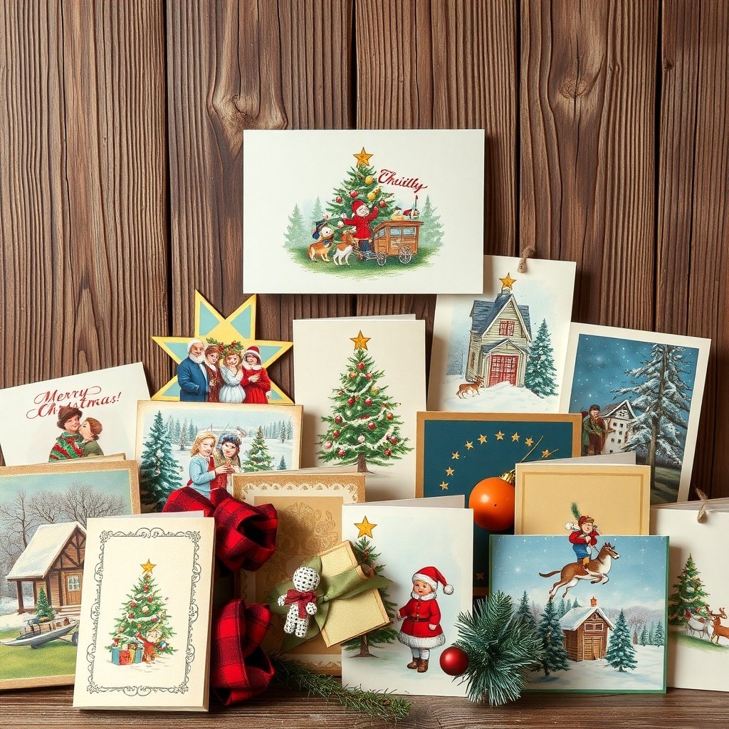 A collection of vintage Christmas cards displayed on a wooden background.