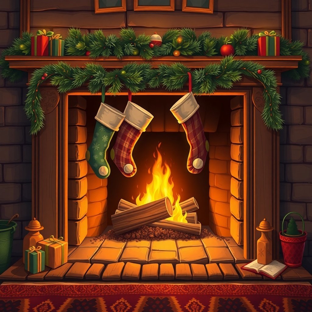 A cozy fireplace decorated for December with stockings, garlands, and a warm fire.