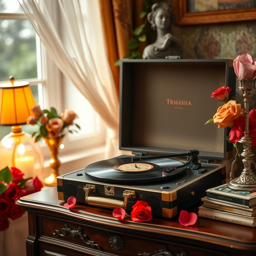 A vintage record player with roses and candlelight, creating a romantic atmosphere for a wedding night room.