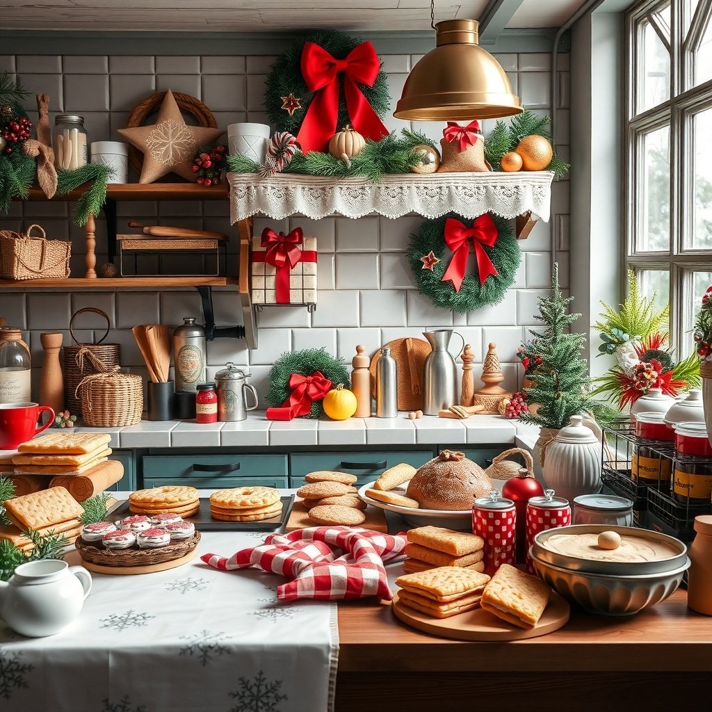 A cozy Christmas kitchen decorated with baked goods and festive ornaments.