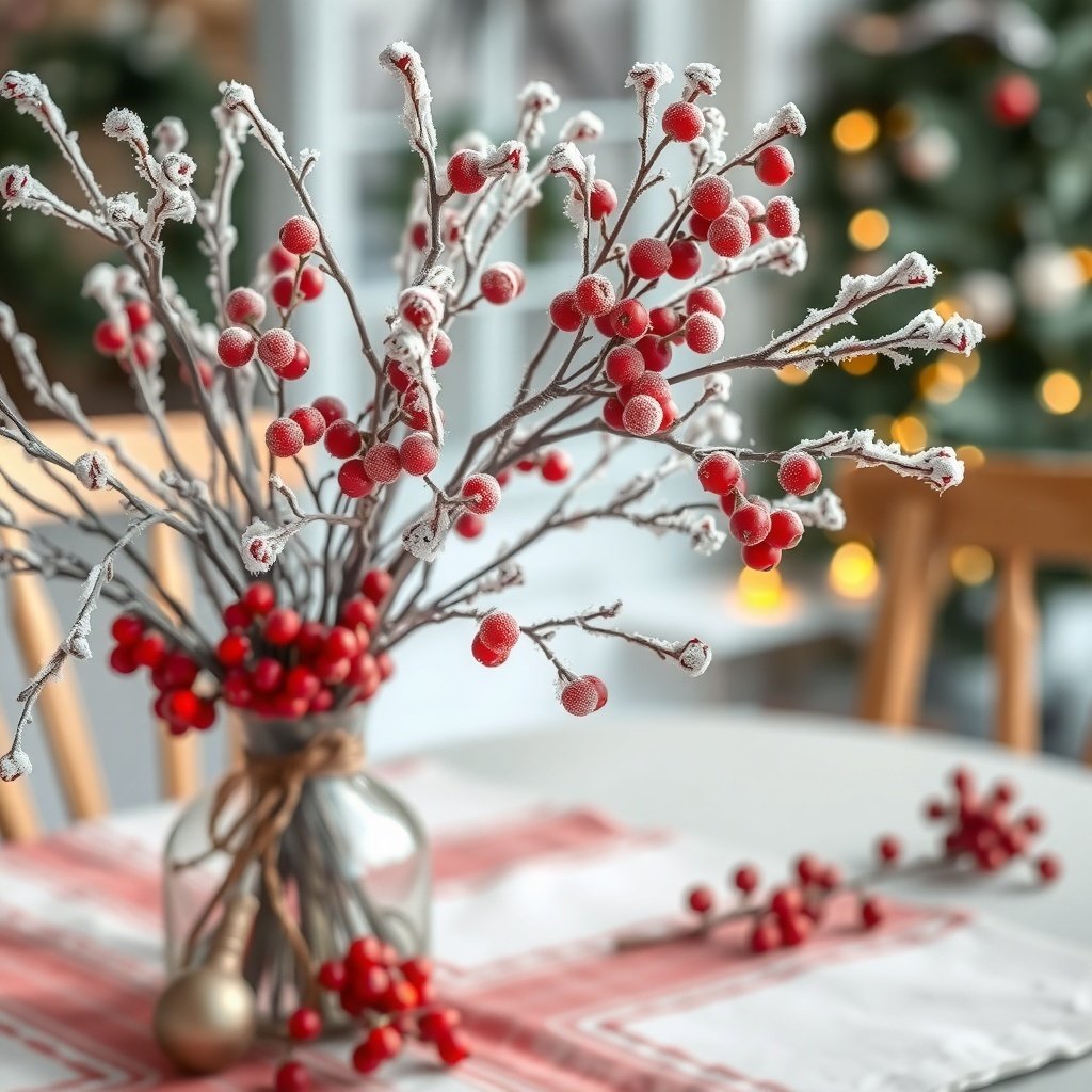 A festive centerpiece featuring frosted berry branches in a vase on a Christmas table.