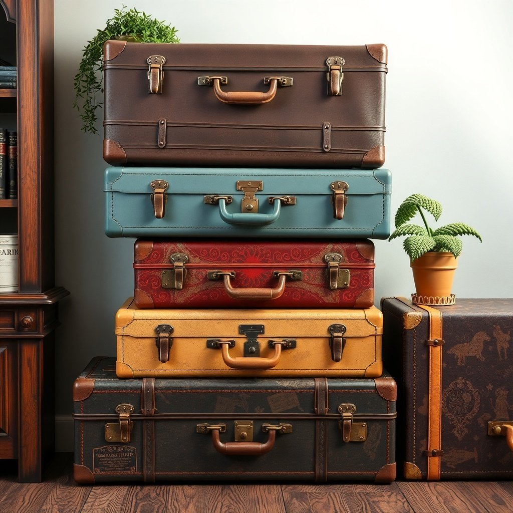 A stack of vintage suitcases in various colors, with a small potted plant on top, set against a wooden floor and a bookshelf.