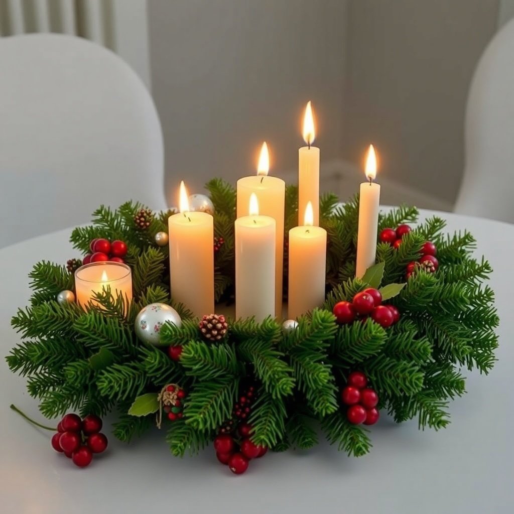 A beautiful candlelit evergreen wreath with white candles, red berries, and green foliage on a table.