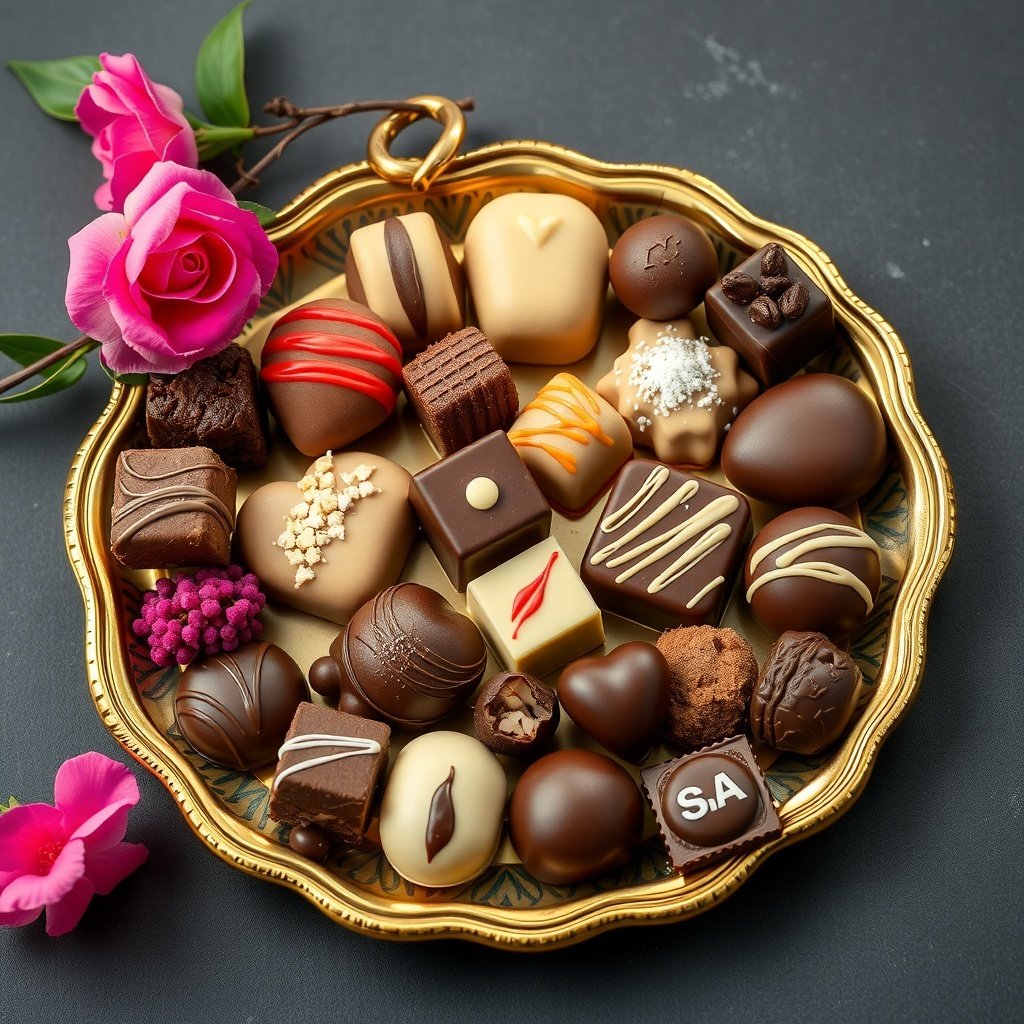 A beautiful tray of assorted artisan chocolates with pink roses