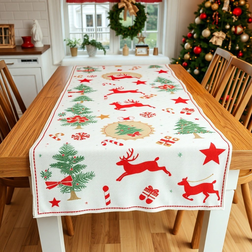 A Christmas-themed table runner featuring reindeer and Christmas trees on a wooden dining table.