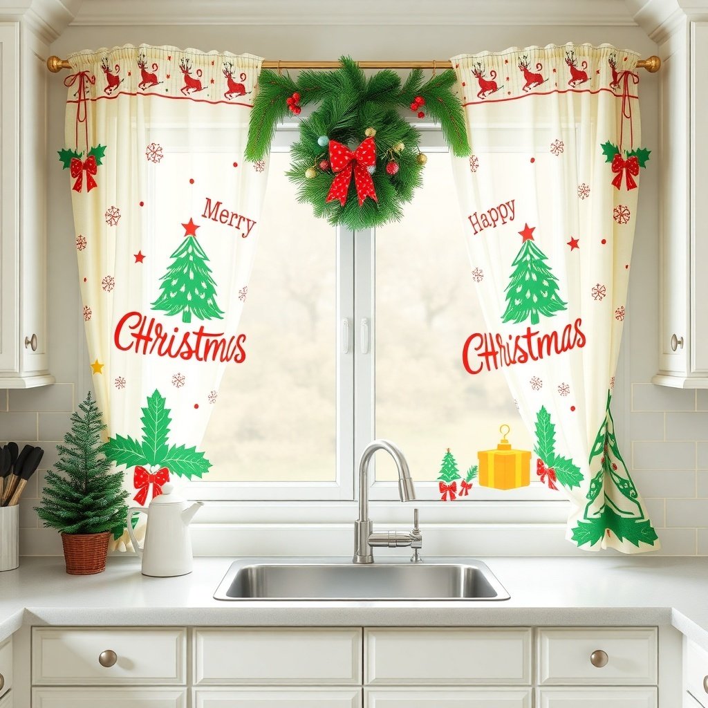 Festive kitchen window with Christmas-themed curtains and a wreath.