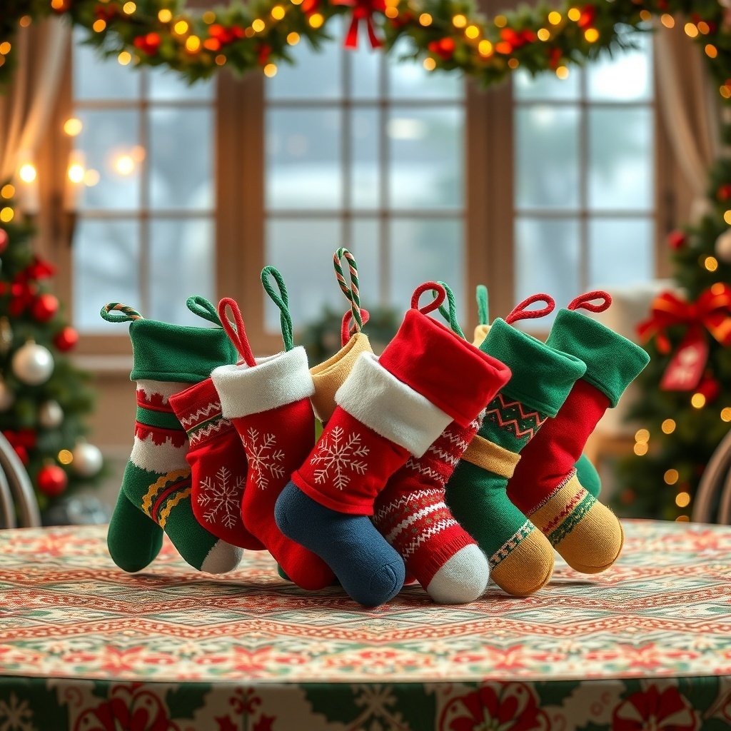 Colorful Christmas stockings arranged as a centerpiece on a festive table