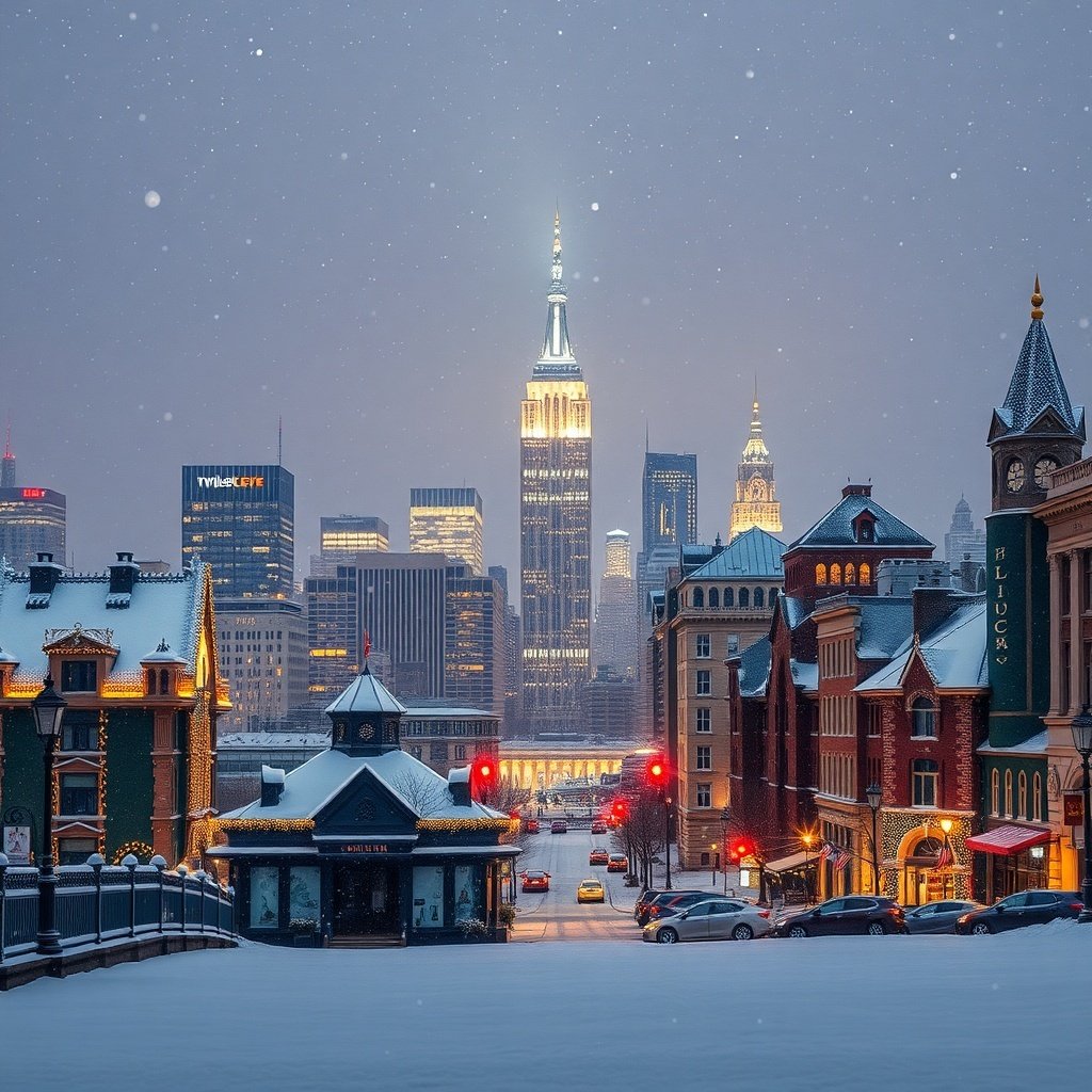 A snowy cityscape featuring the Empire State Building and charming buildings adorned with lights.