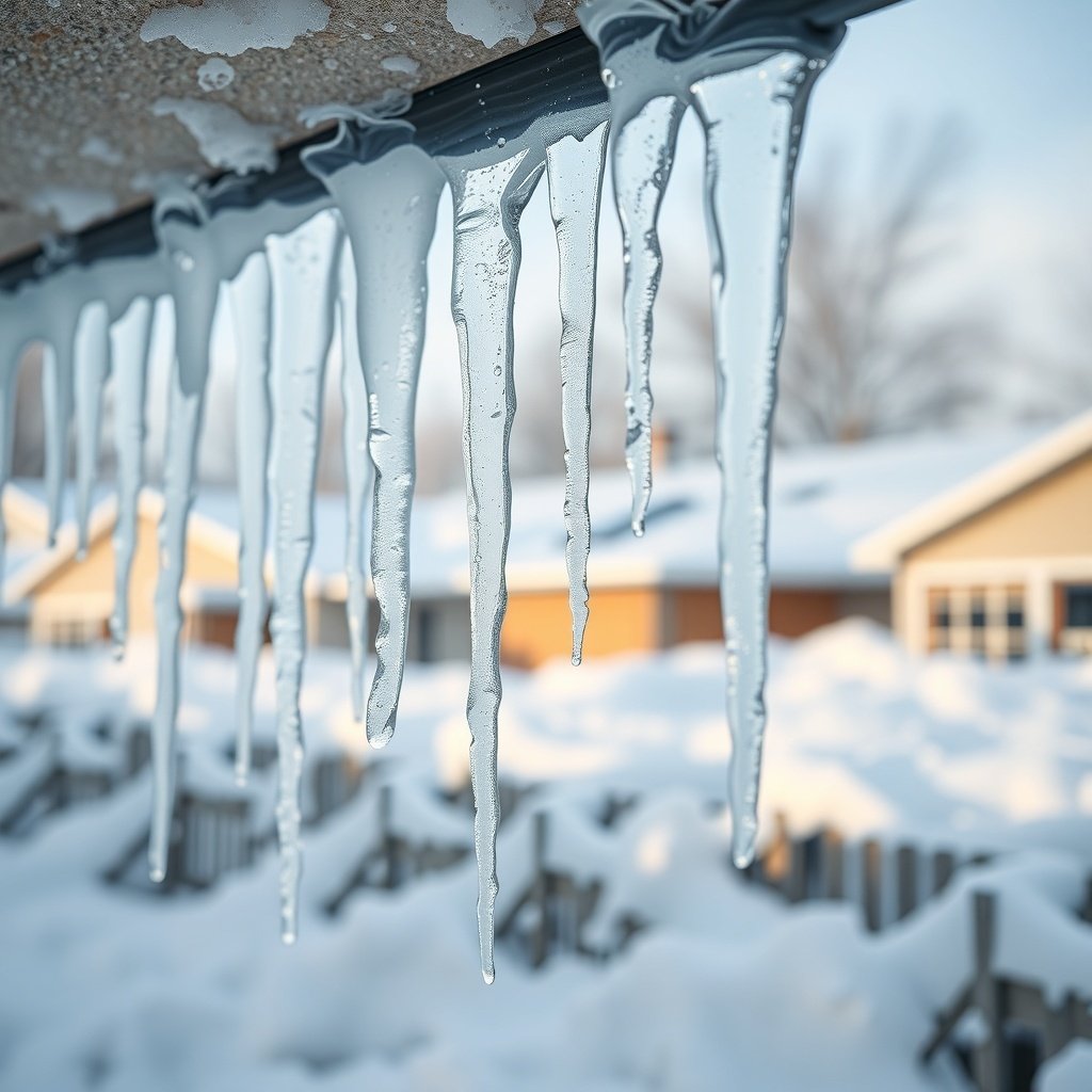 Icicles hanging from a roof with snowdrifts in the background