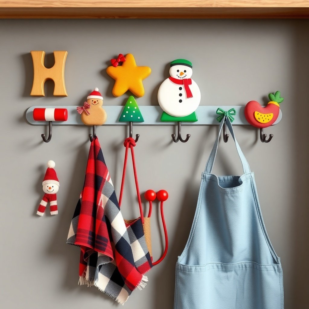 Colorful wall hooks with Christmas decorations and kitchen items