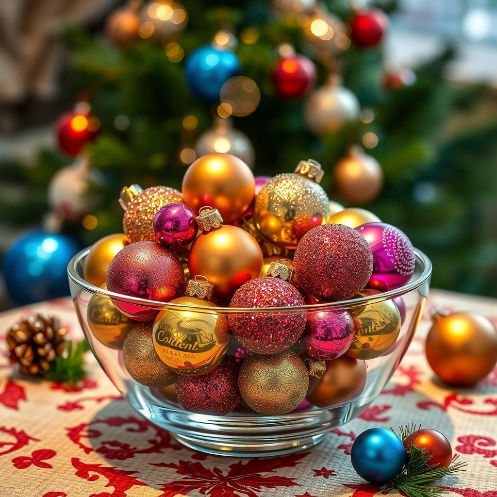 A glass bowl filled with colorful Christmas ornaments on a festive table