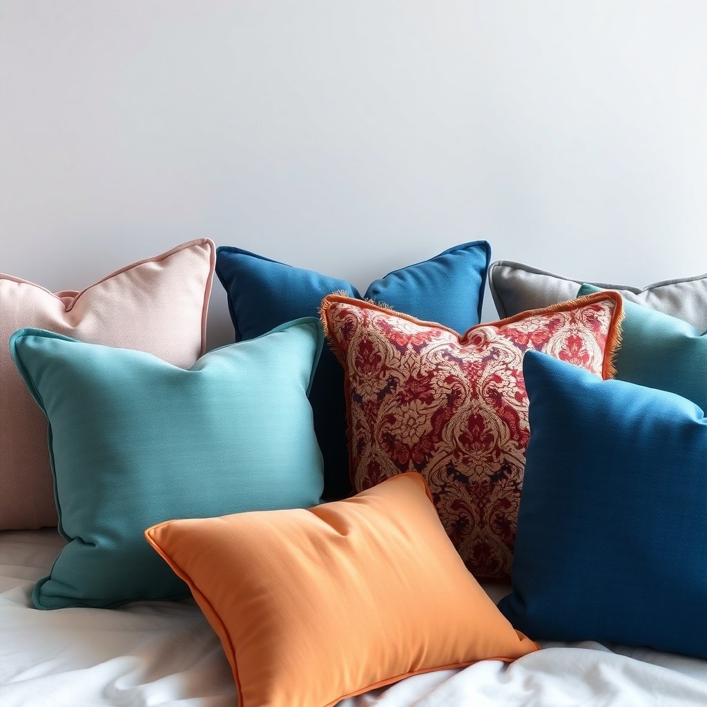 A collection of decorative pillows in various colors and patterns on a bed.