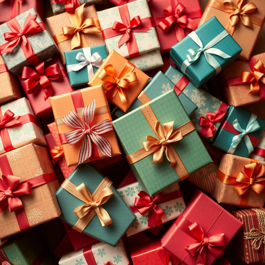 A colorful assortment of beautifully wrapped presents with various ribbons and bows.