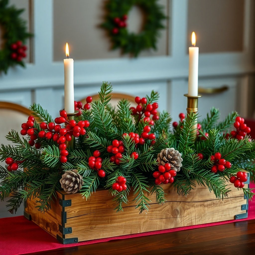 A rustic Christmas table centerpiece featuring evergreen branches, red berries, pinecones, and candles in a wooden box.