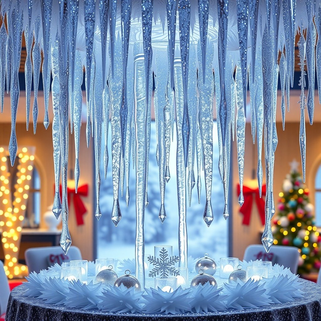 Icicle-inspired centerpiece with hanging icicles, candles, and white decorations on a Christmas table.
