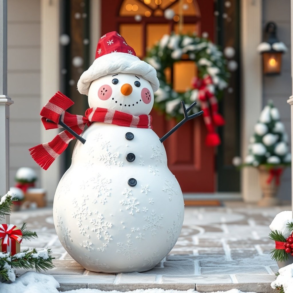 A cheerful snowman with a red scarf and hat stands on a snowy porch, surrounded by Christmas decorations.