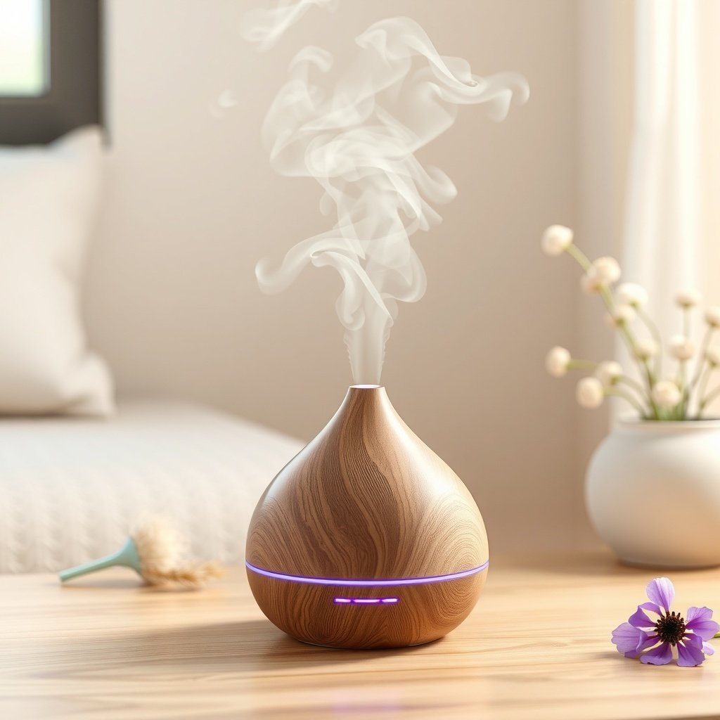 A wooden essential oil diffuser emitting steam in a cozy room.