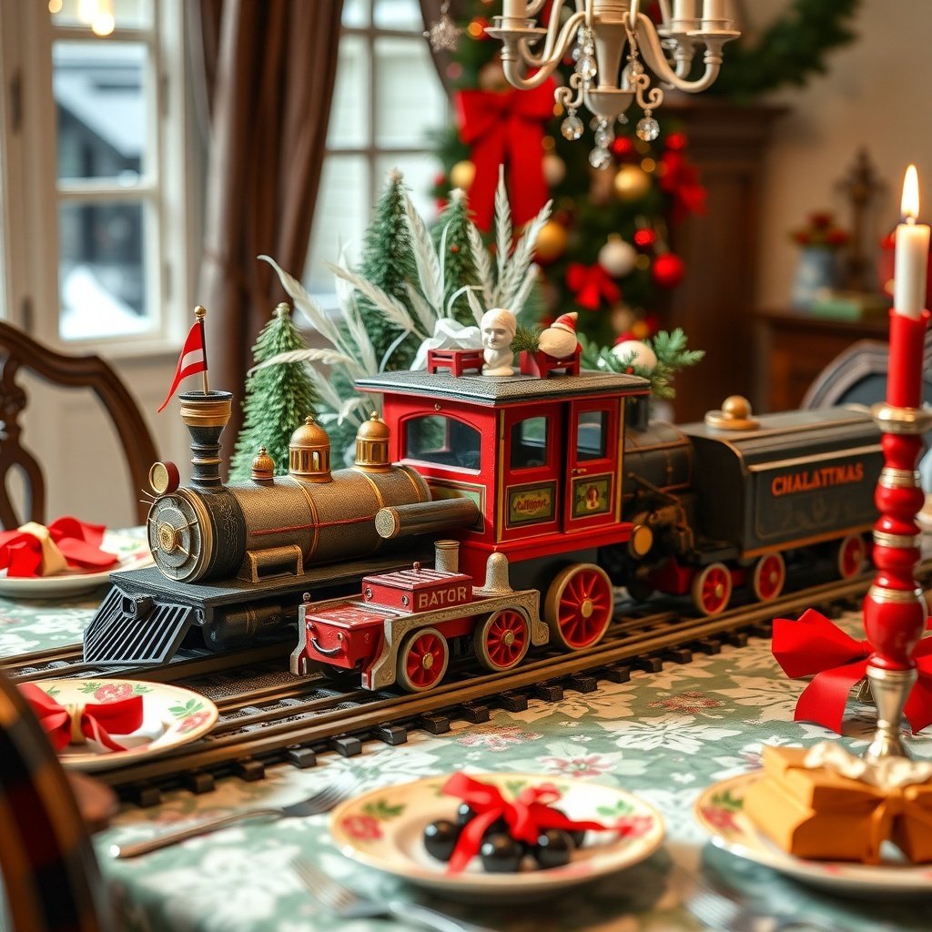 A vintage toy train displayed on a Christmas table centerpiece with festive decorations.