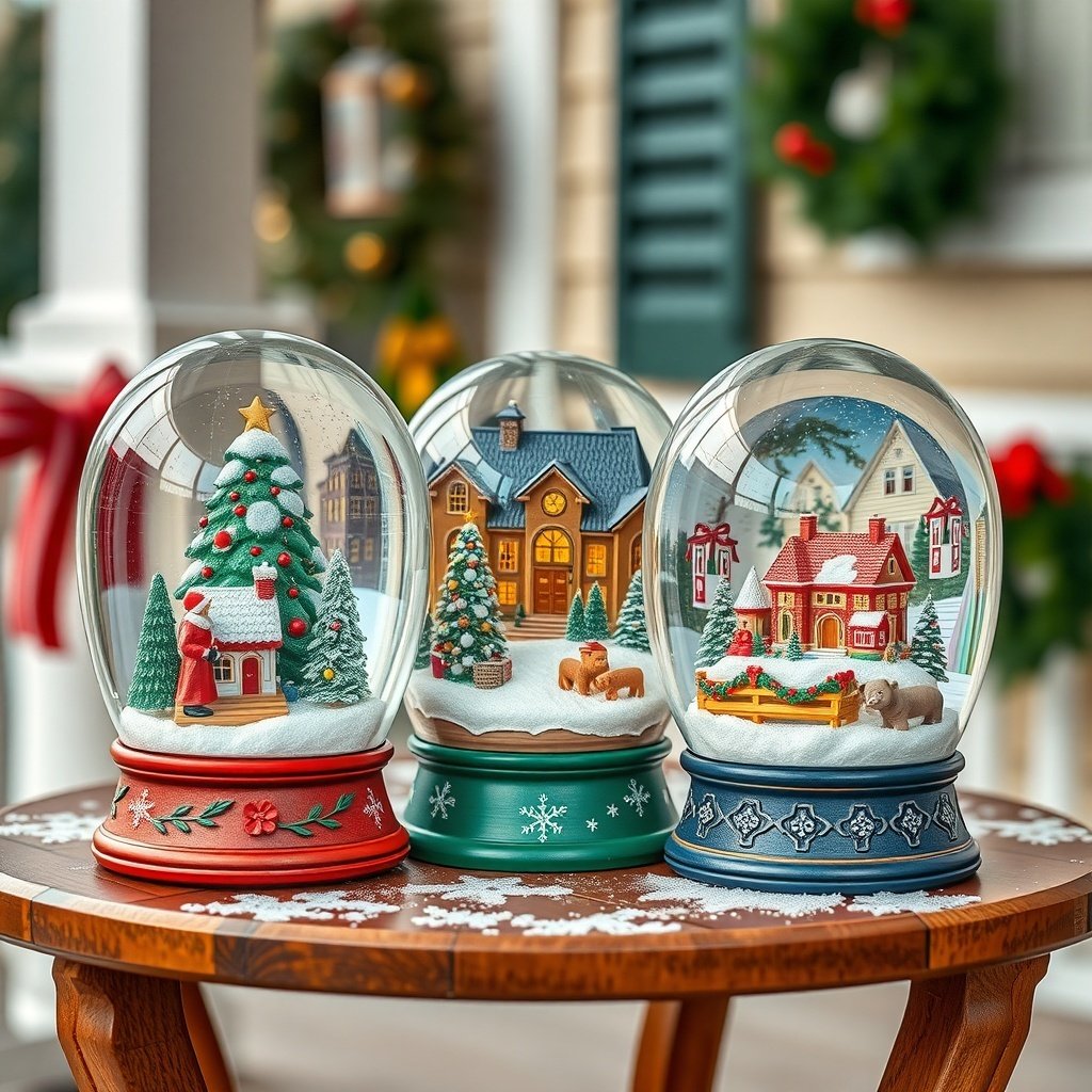 Three decorative snow globes featuring Christmas scenes on a wooden table.