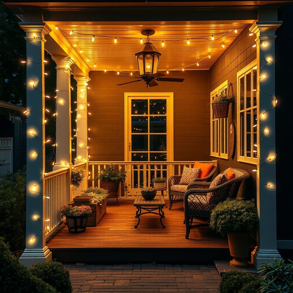A beautifully decorated porch with twinkling string lights, showcasing a cozy seating area and festive plants.