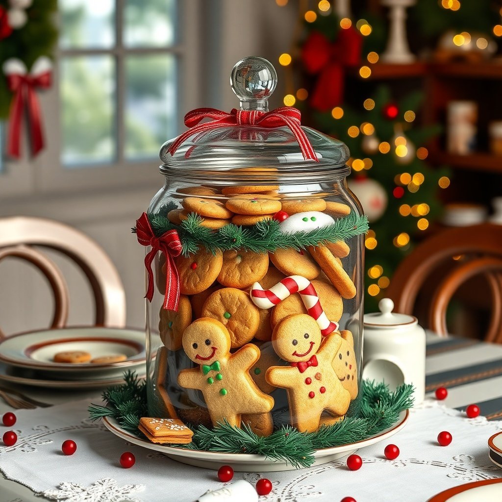A festive cookie jar filled with gingerbread men and assorted cookies, decorated with a red ribbon and surrounded by greenery.