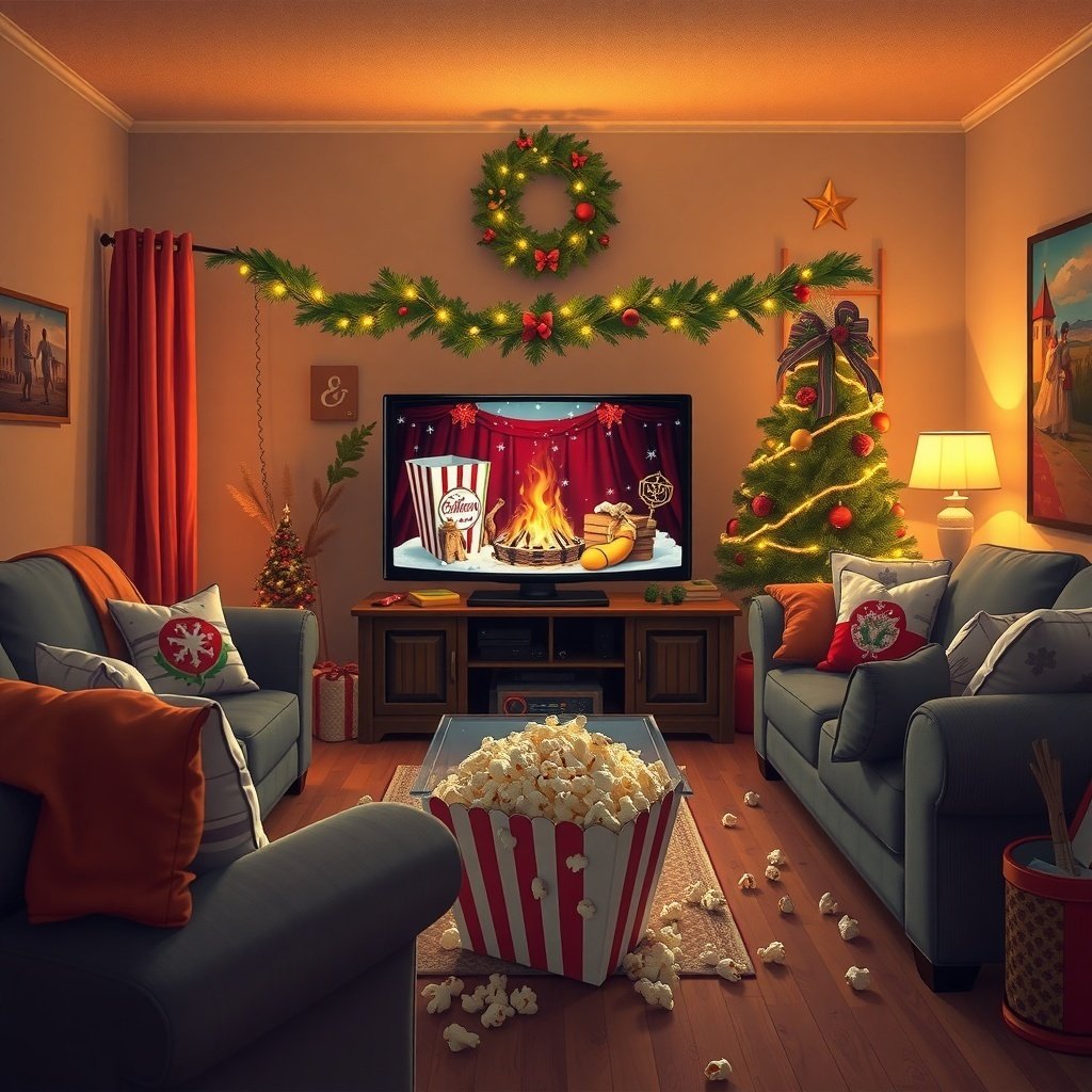 Cozy living room decorated for the holidays with a Christmas tree, popcorn, and a TV displaying a festive scene.