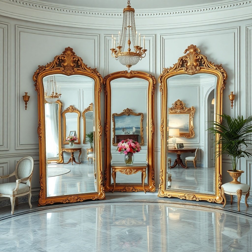 Three ornate gold-framed mirrors reflecting a beautifully decorated room with a chandelier and floral arrangement.