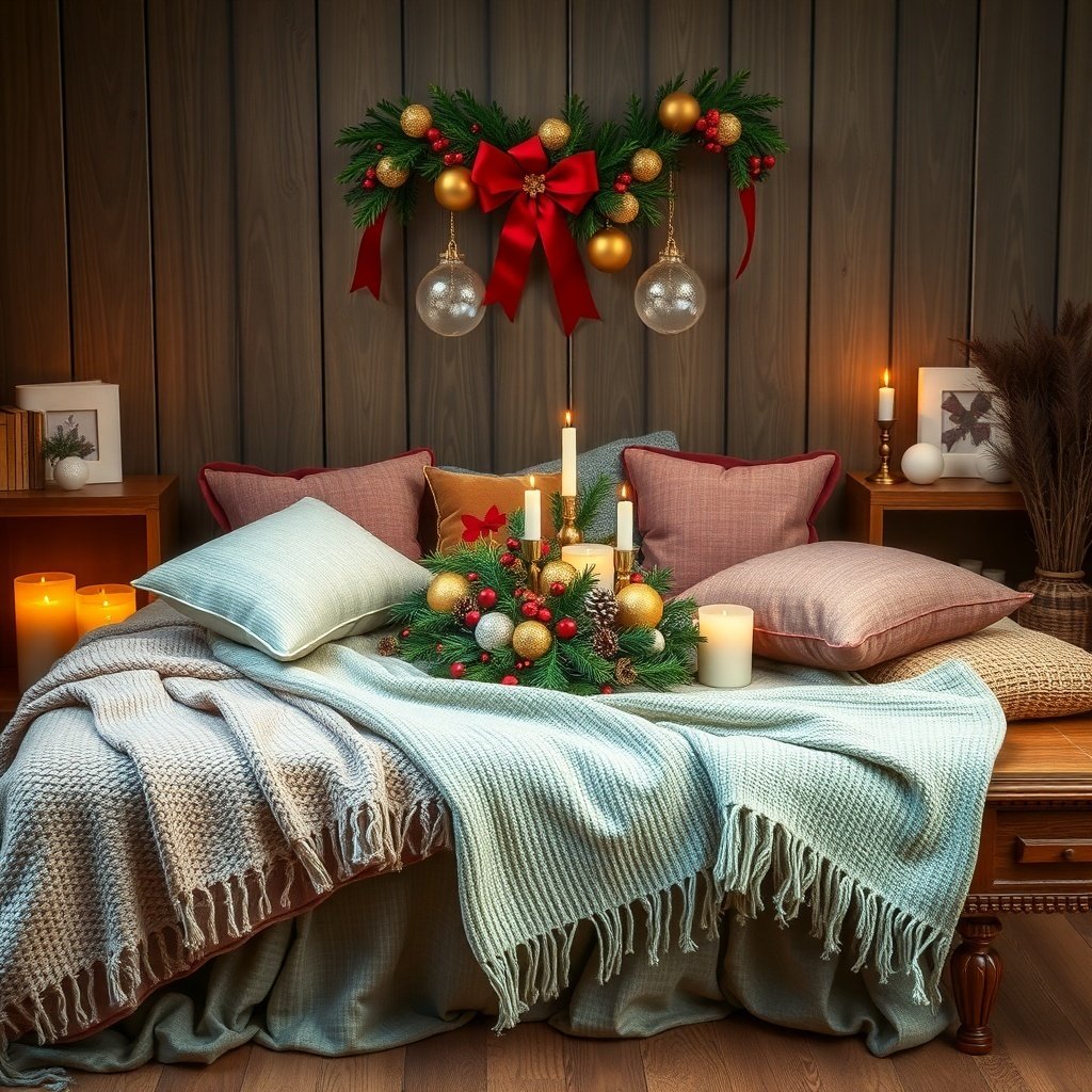 A cozy arrangement of blankets and pillows with a festive wreath and candles on a table