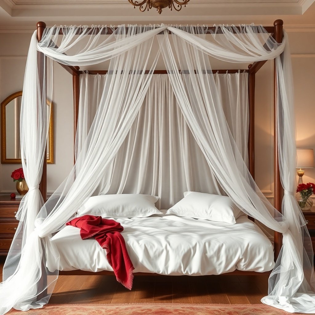 A beautifully decorated bed with a white canopy and red throw, perfect for a wedding night room.