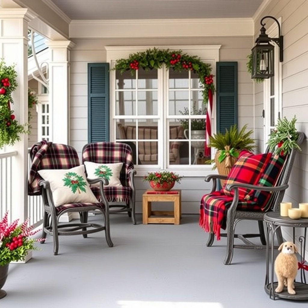 Cozy porch seating with plaid throws and festive pillows, decorated for Christmas.
