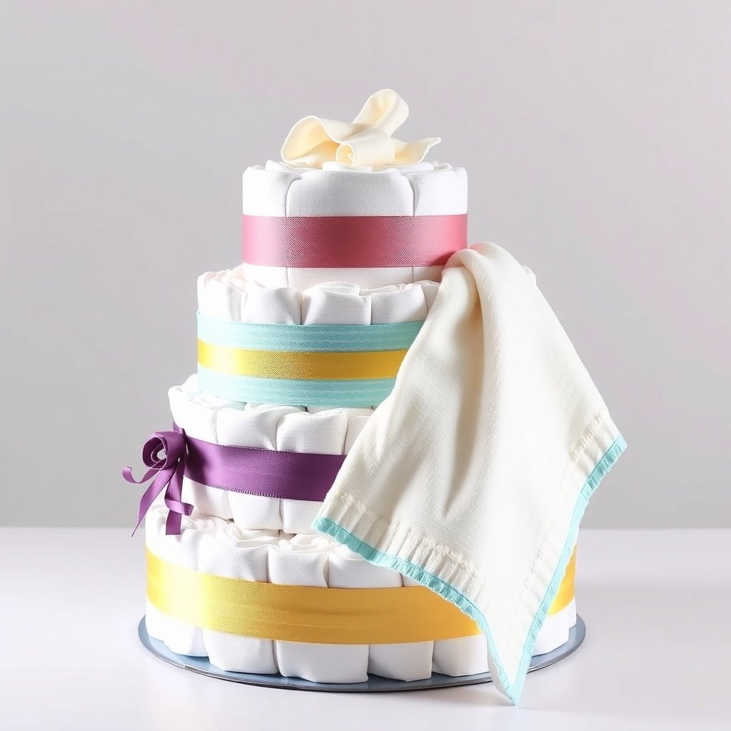 A three-tiered diaper cake decorated with colorful ribbons and a white baby blanket draped over it.