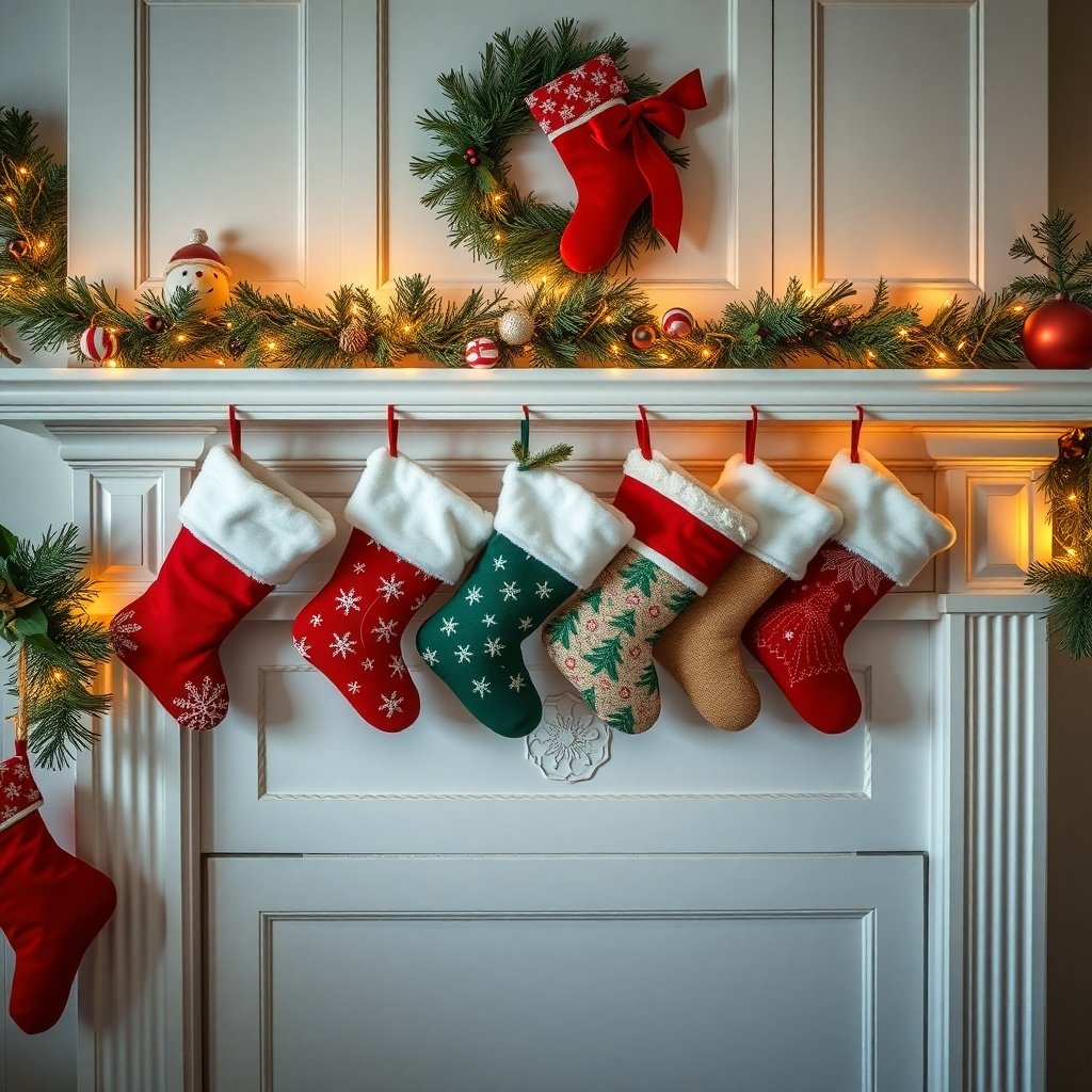A cozy Christmas kitchen with colorful stockings hanging on a mantel, surrounded by festive decorations.