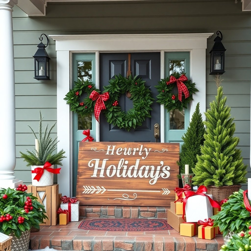 A beautifully decorated porch for Christmas featuring a wooden sign that says 'Heurly Holidays', surrounded by wreaths, greenery, and festive gifts.
