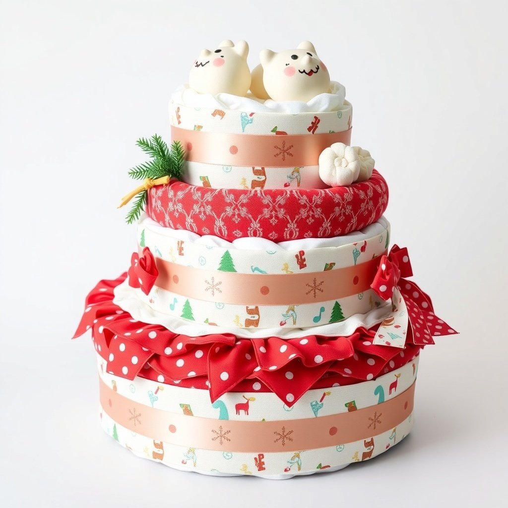 A colorful Christmas diaper cake with holiday-themed fabric layers, featuring playful designs and festive colors.