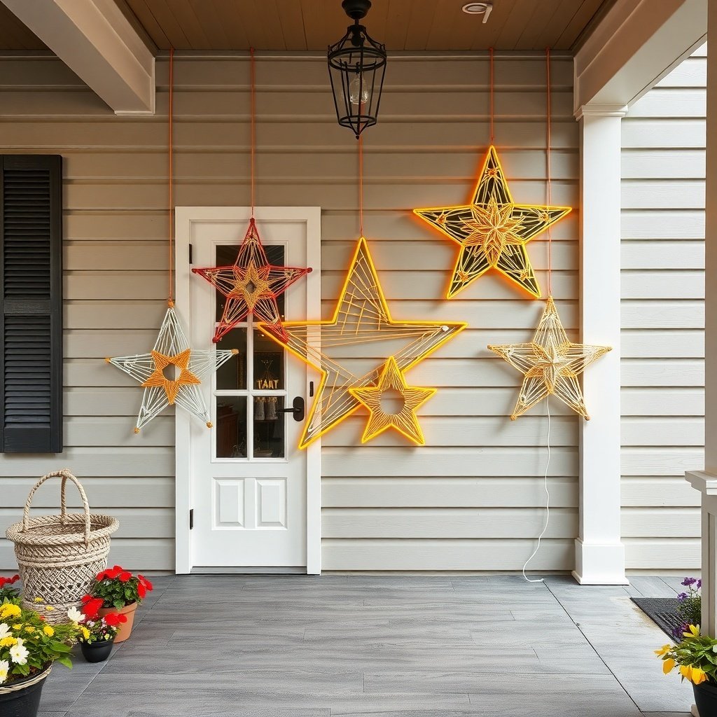 Colorful string art stars hanging on a porch, adding festive decor for Christmas.