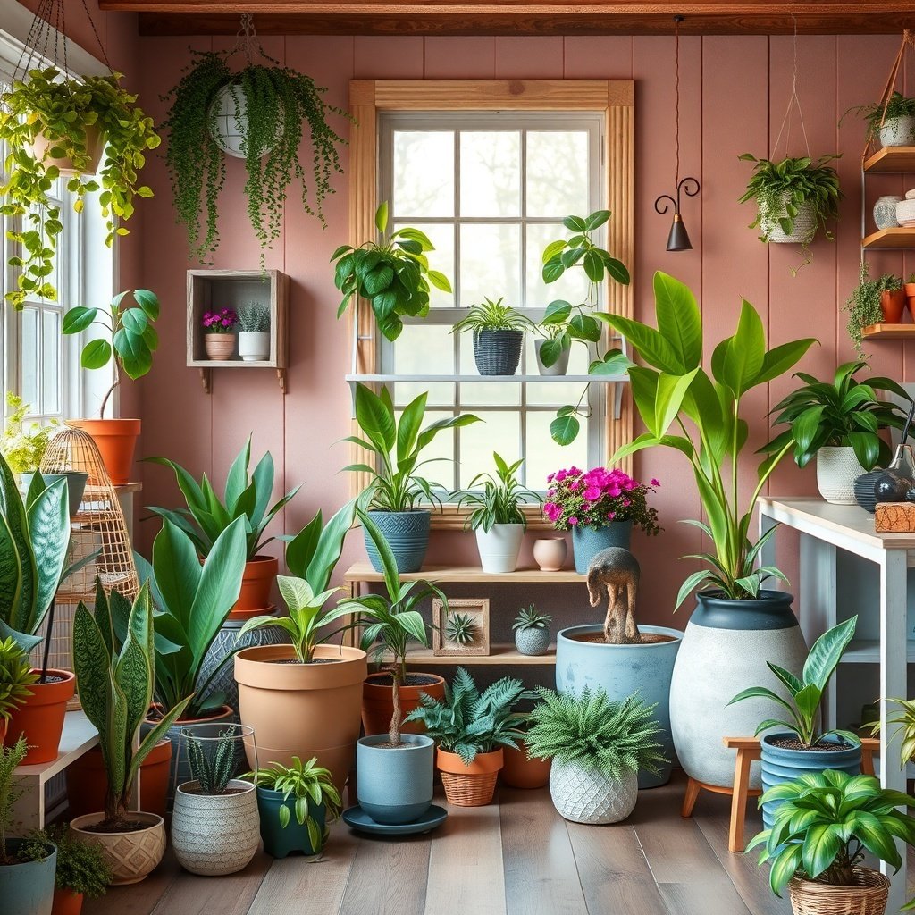 A cozy room filled with various plants and flowers, creating a charming garden theme for a wedding night.