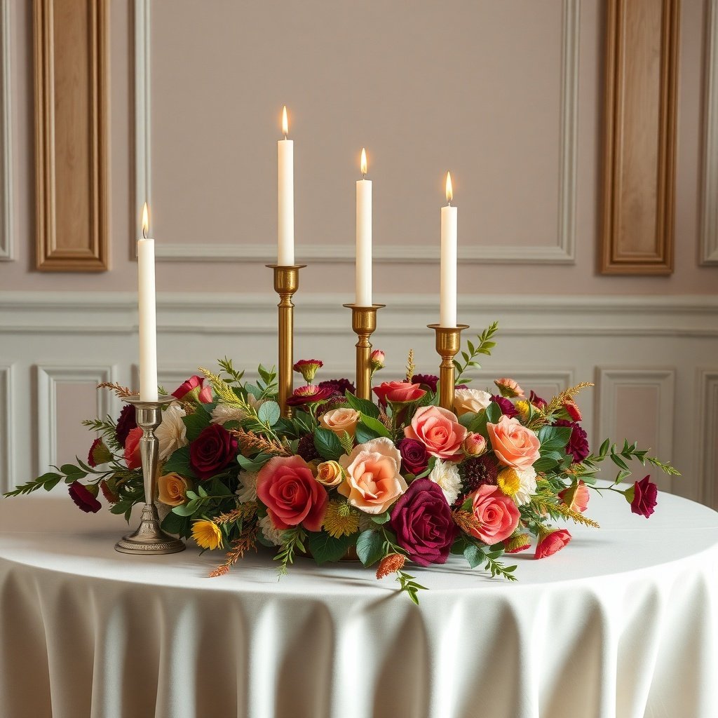 A beautiful centerpiece with roses and candles on a table
